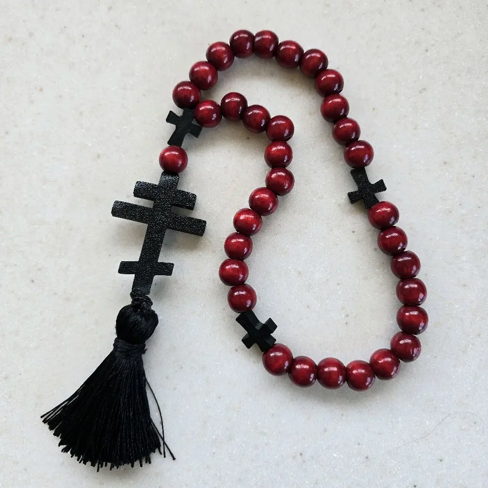 33-Bead Wooden Orthodox Prayer Rope – Komboskini with Cross and Tassel (Homemade and Made-to-order)