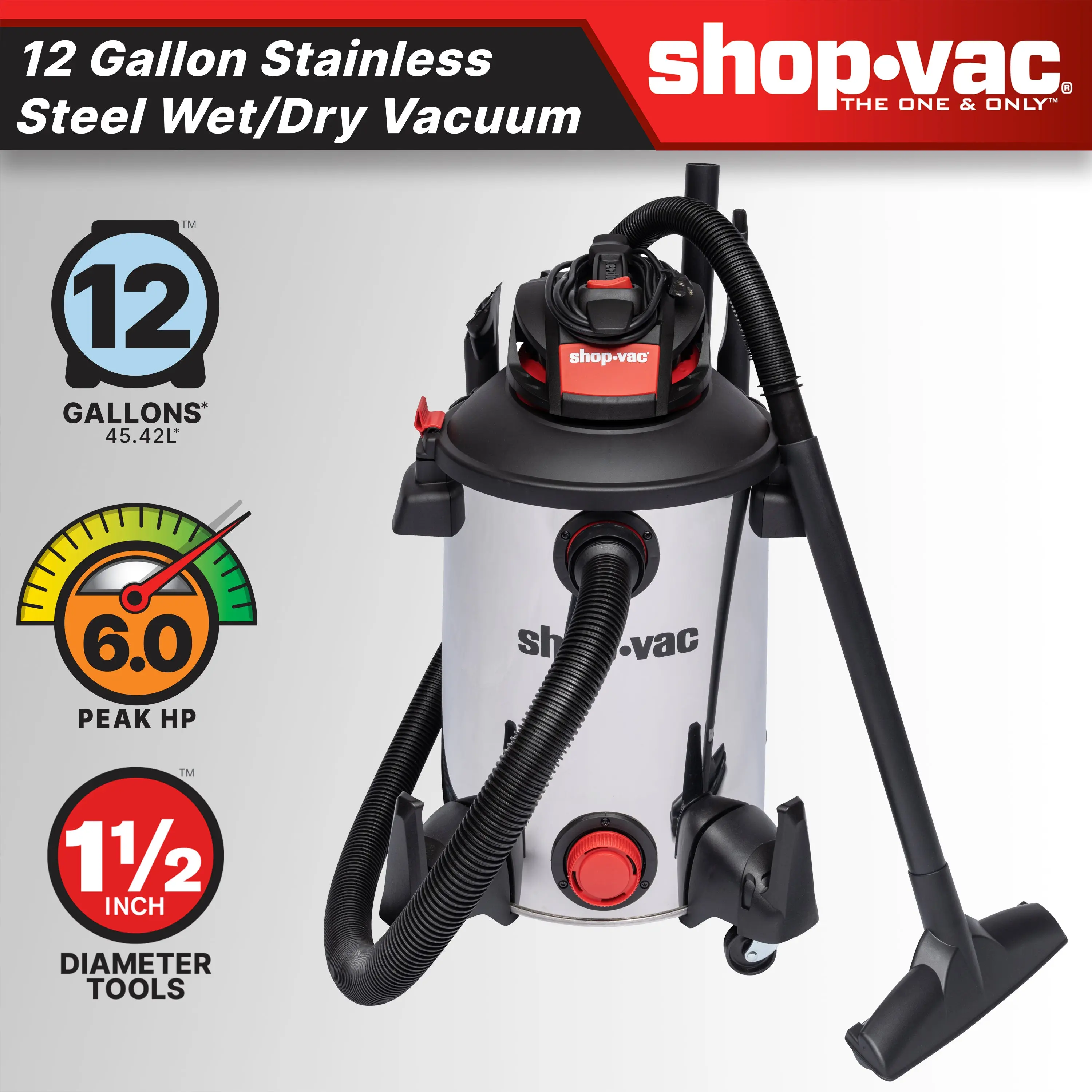 Shop-Vac 12 Gallon 6.0 Peak HP Wet/Dry Vacuum Cleaner for Garage & Workshop Durable Powerful Cleaning