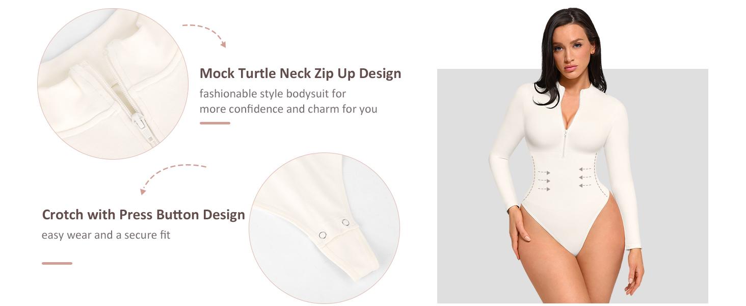 FeelinGirl Long Sleeve Bodysuit for Women Mock Turtle Neck Body Suits Zip Up Design Black Tummy Control Bodysuit Shirts fall   Womenswear Collar Fabric Nylon