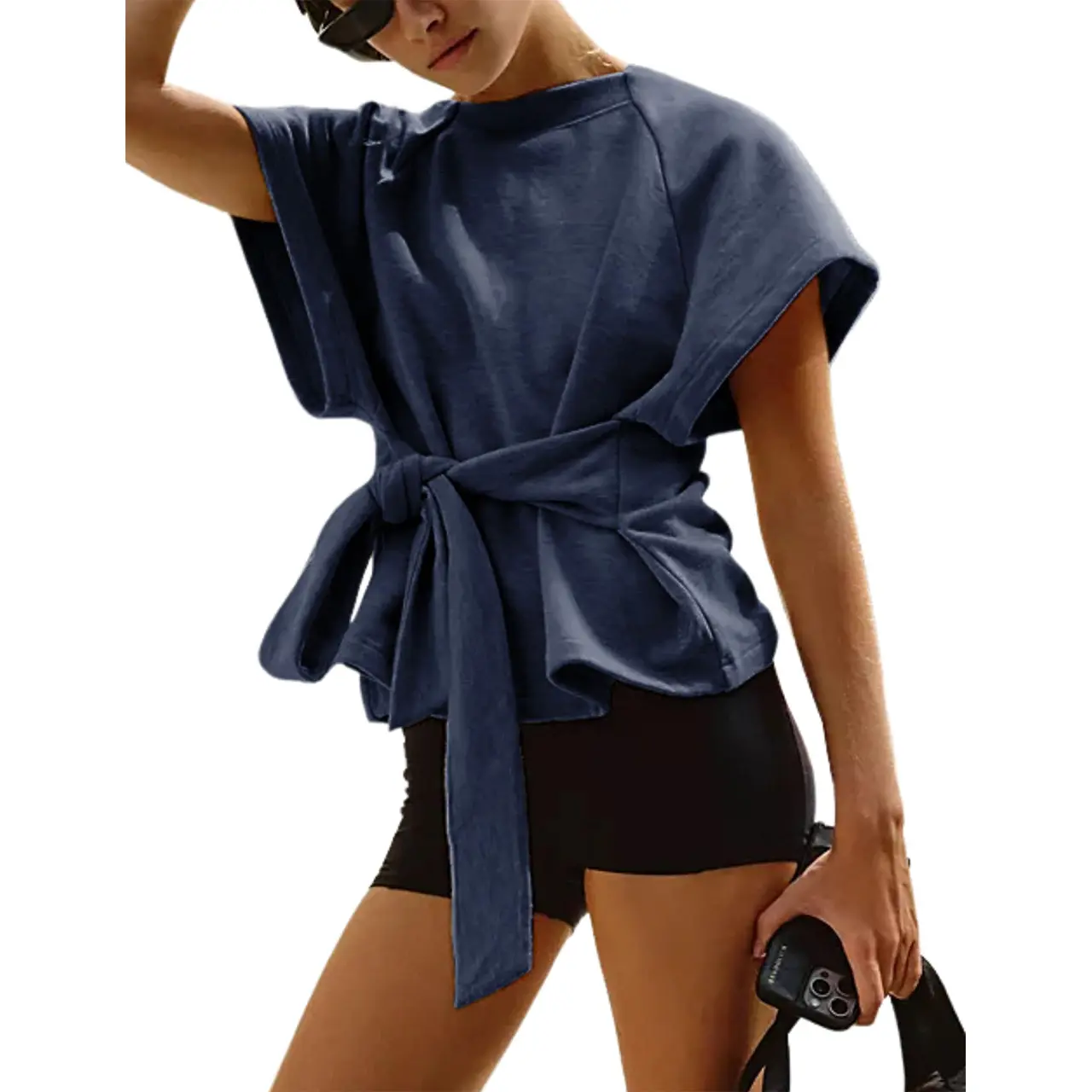 Songling Women's Casual Summer Cropped T-Shirt - Round Neck, Knotted Collar, Sweatshirt-Style Tops for Women