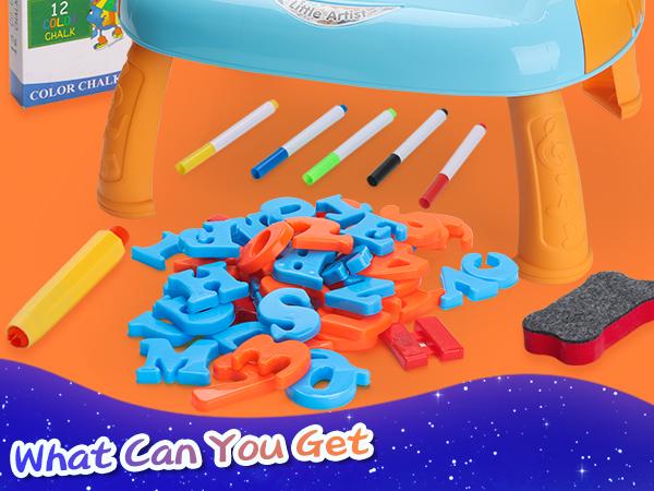 Small Erasable Drawing Board Easel with Letters and Numbers Kid's Drawing Table Creative Gift Toys Children's Art Set Toys Multifunction Stickers Kit Washable Markers Watercolor Paint Brushes Sketch Markers Twistable Crayons Sticker Cards