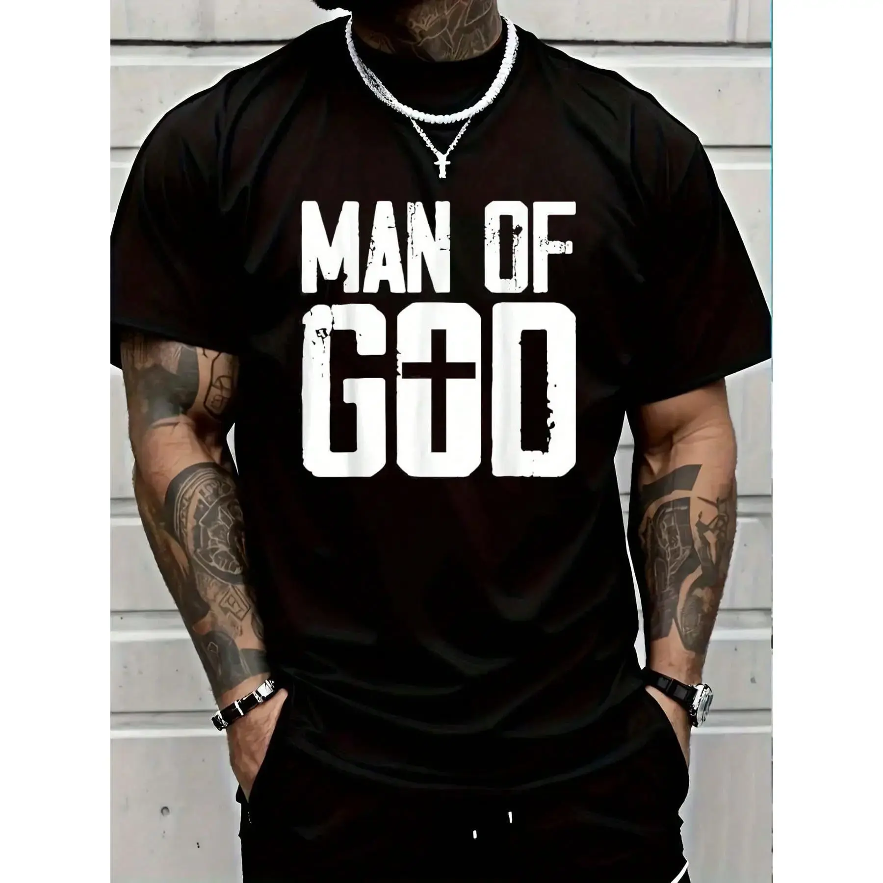 Men's Man Of God Graphic T-Shirt, 100% Cotton Casual Loose-Fit Short-Sleeve Jesus Print Streetwear Top, Mens Tshirt