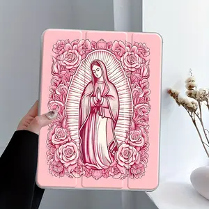 Pink Virgin Mary Rose Floral iPad Stand Case, Three-tiered stand iPad case,Suitable for Ipad mini pro airReligious Art Transparent Acrylic Hard Back Panel With Pencil Slot, .Scratch-resistant Ultra-thin Protective Case,