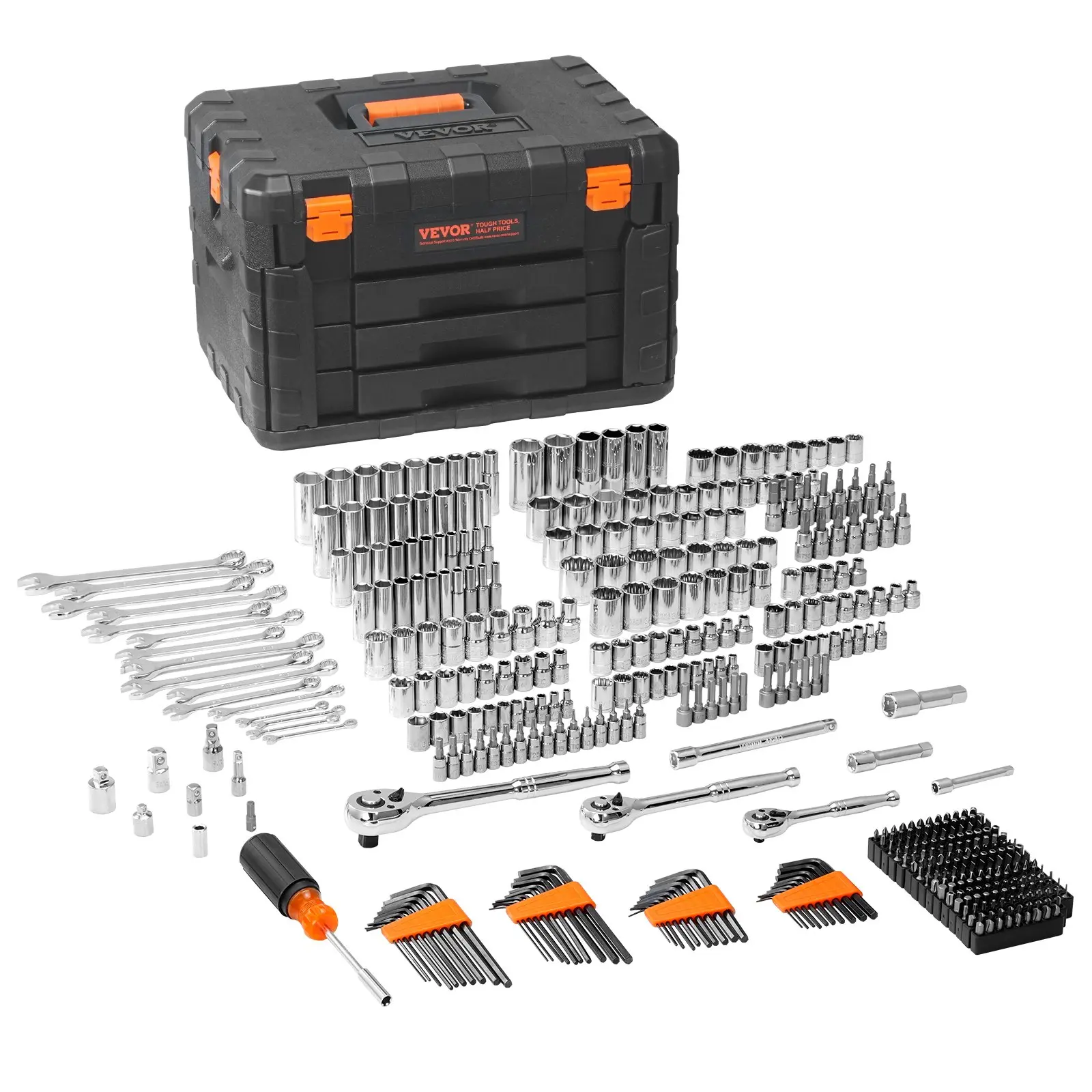 VEVOR Automotive Precision Mechanical Tool Kit, 145/205/450-Pc CR-V Chrome Hand Tools for Auto Repair, 1/4"-3/8"-1/2" SAE & Metric Anti-Slip Groove Sockets, Handles Tight Nut Loosening, Metal Surfaces Use, Storage Case