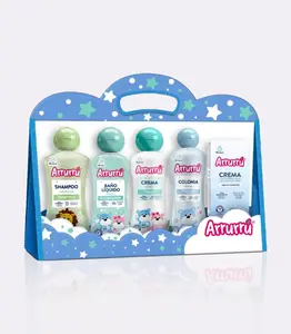 Complete Arrurrú product kit with the basic routine for baby care and hygiene - Light Hair Shampoo x 220 ml, Blue/Pink Cologne x 220 ml, Original Cream x 220 ml, Original Liquid Bath 220 ml, Protective Cream for the diaper area x 60 g
