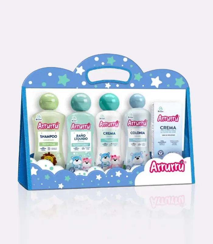 Complete Arrurrú product kit with the basic routine for baby care and hygiene - Light Hair Shampoo x 220 ml, Blue/Pink Cologne x 220 ml, Original Cream x 220 ml, Original Liquid Bath 220 ml, Protective Cream for the diaper area x 60 g