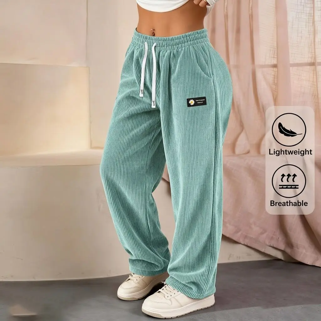 New women’s corduroy athletic casual long pants with a straight cut, solid color, drawstring pockets, breathable and comfortable design—ideal for everyday activities.