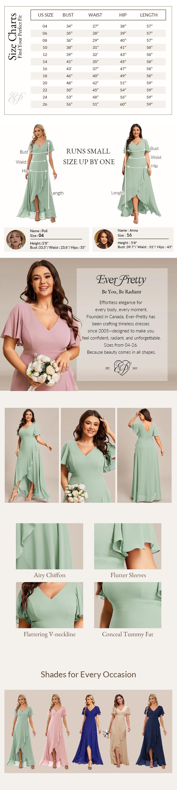 Ever-Pretty  Spring Dress Elegant Minimalist V Neck Chiffon Bridesmaid Dress with Lotus Leaf Hemline & Flattering Fit for Women's Wear,Formal dress , 01749