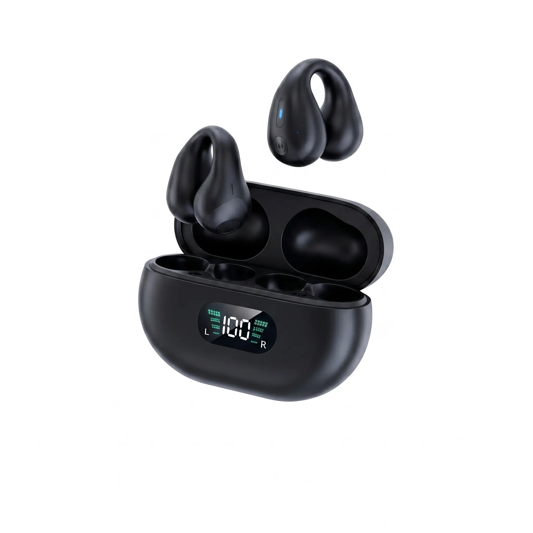 Ear-clip bone conduction headphones, Bluetooth open ear-hook wireless headphones, equipped with LED power display function, comfortable and painless to wear, sweat-proof sports headphones, suitable for running, cycling and fitness
