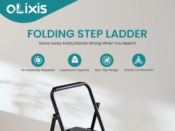 Step Ladder, Foldable Stool with Wide Pedal, Cushioned Handle, 800lbs Capacity for Home Kitchen and Outdoor, Black