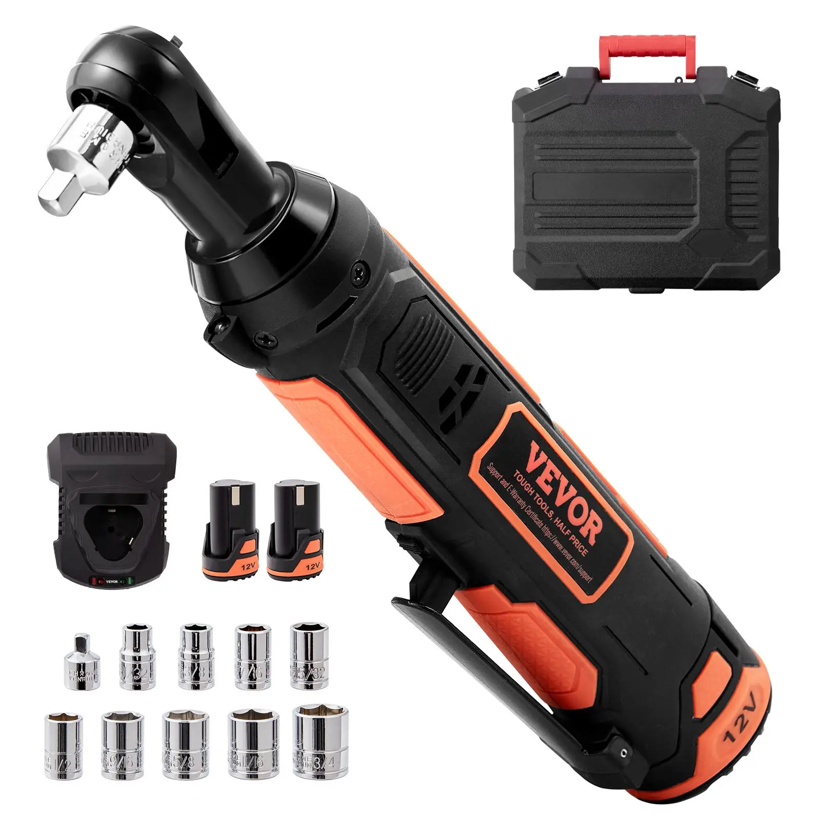 【summerfinds】VEVOR 3/8" Cordless Electric Ratchet Wrench Set, 12V 33 Ft-lbs Power Ratchet Tool Kit, 45-Min Fast Charge, 2-Pack 2.0Ah Battery, Built-in LED Light, Variable Speed Trigger, 10 Sockets cordless ratchet
