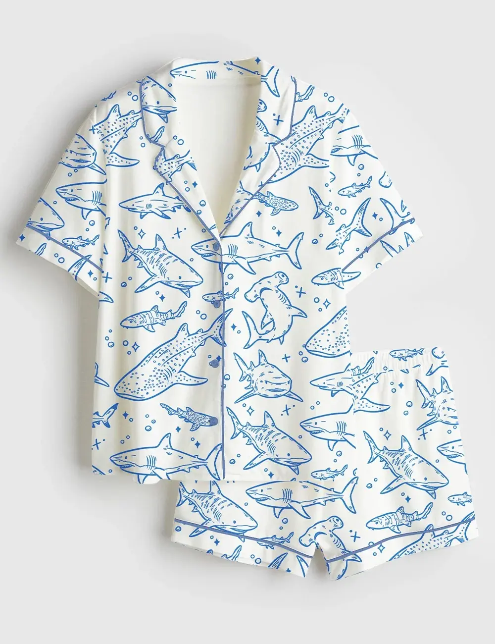 Women’s Shark Respect The Locals Hand Drawn Shark Summer Beach Travel Short Sleeve Satin Pajama Set