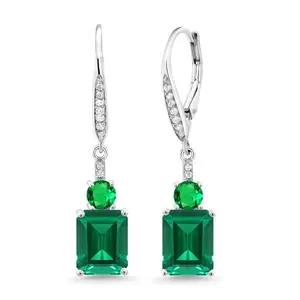 Gem Stone King 925 Sterling Silver Green Nano Emerald Dangle Earrings For Women (4.60 Cttw, Gemstone May Birthstone, Emerald Cut 9X7MM)