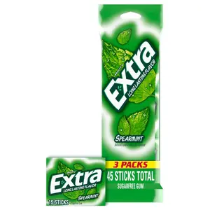 EXTRA Spearmint Sugar-Free Chewing Gum Snack, 15 Sticks per Pack (3 Pack) - Ambient Bubblegum for Spring Break Travel Accessories