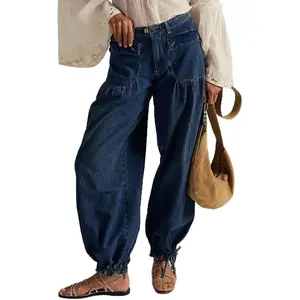 Chouyatou Women's Lotus Tube Jeans with Pockets, Drawstring Ankle Jeans, Mid-Rise Loose Wide-Leg Jeans