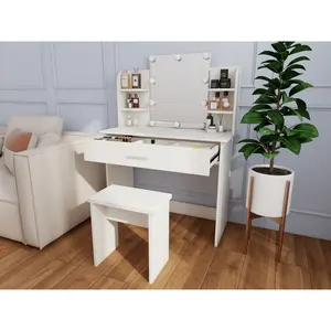 Vanity With Mirror and Chair - Compact Vanity Desk Design with Ample Storage and Adjustable Mirror for Bedroom or Living Room - Modern White Finish & Comfortable Seating