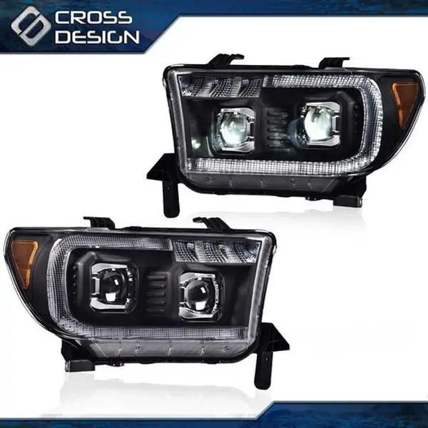 CROSSDESIGN Durable LED Halo Projector Headlights with Bulbs - Black, Headlight Replacement, Truck & Car Accessories for 2007-2013 Tundra, Sequoia, Led Projector Headlights