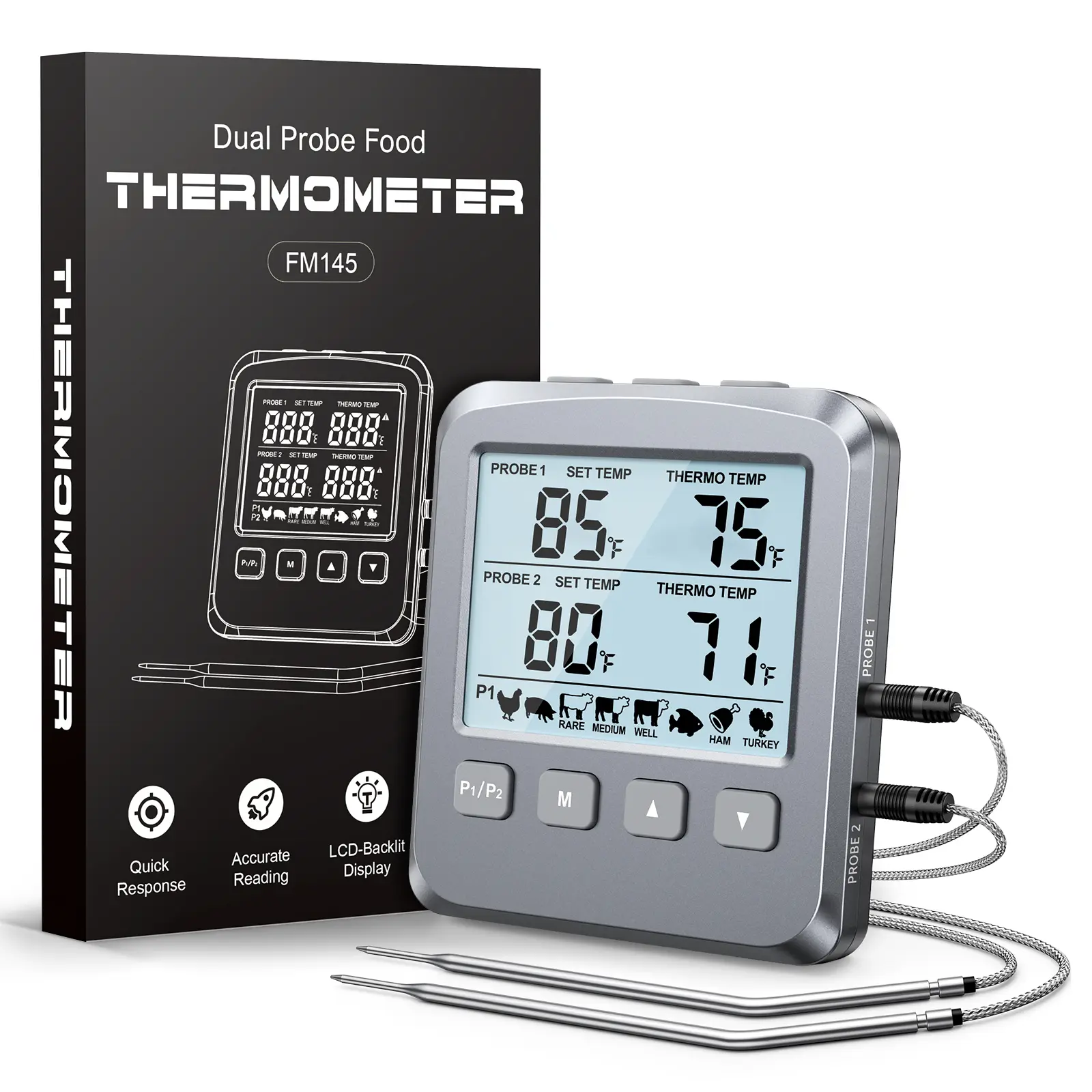 Dual Probe Meat Thermometer Digital for Cooking, Grilling & Smoking with Large LCD Backlight & Alarm, Kitchen Food Grill Thermometer, Smoker Accessories for BBQ, Oven, Oil Fry, Gifts for Men