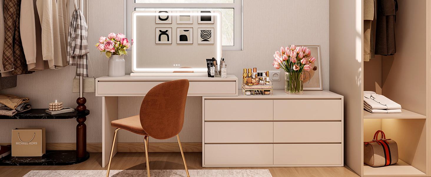 Sweetcrispy LED Lighted Vanity Mirror - Adjustable Lighted, 3 Dimmable Color Modes, Touch Screen Control, Square White Modern Home Decor Item for Aesthetic Room & Bathroom Supplies, Adjustable Lighted Mirror, Modern Mirror