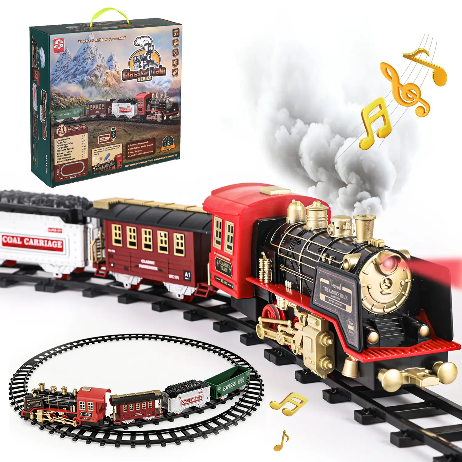 Unisex Remote Control Electric Train Set - ABS Material, Realistic Steam, Lights, Sound Effects, 4 Speed Levels, Complete Track Blocks, Christmas Tree Decoration, Indoor Transportation Play Toy for 3+ Years Kids' Development, Rc Controlled, Kids Toys