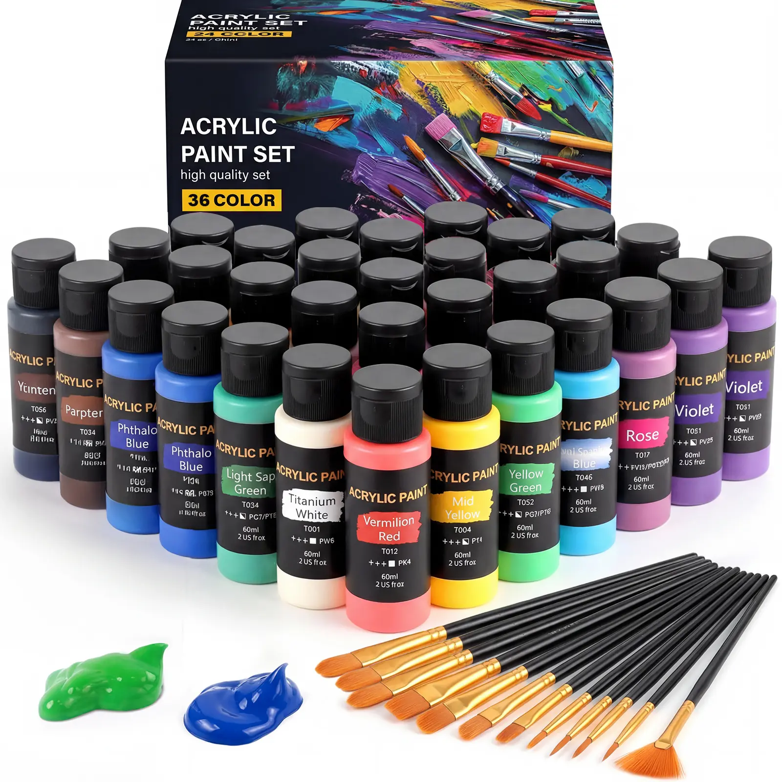 Acrylic Paint Set (2 oz/Bottles) with 12 Art Brushes, Premium Art Supplies for Canvas, Wood, Ceramic & Fabric, Rich Pigments for Beginners, Students & Professional Artists, #backtoschool