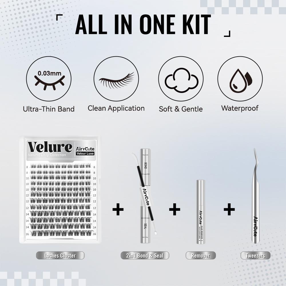 Velure | AiryCute Velour Luxe Collection Upgrade U Lashes with Ultra-Dense, Waterproof, Long-Lasting Lashes | Venus | Natural Daily | Beginner-Friendly DIY Lashes for a Flawless, Voluminous Look | Trendy & Must-Have Clusters