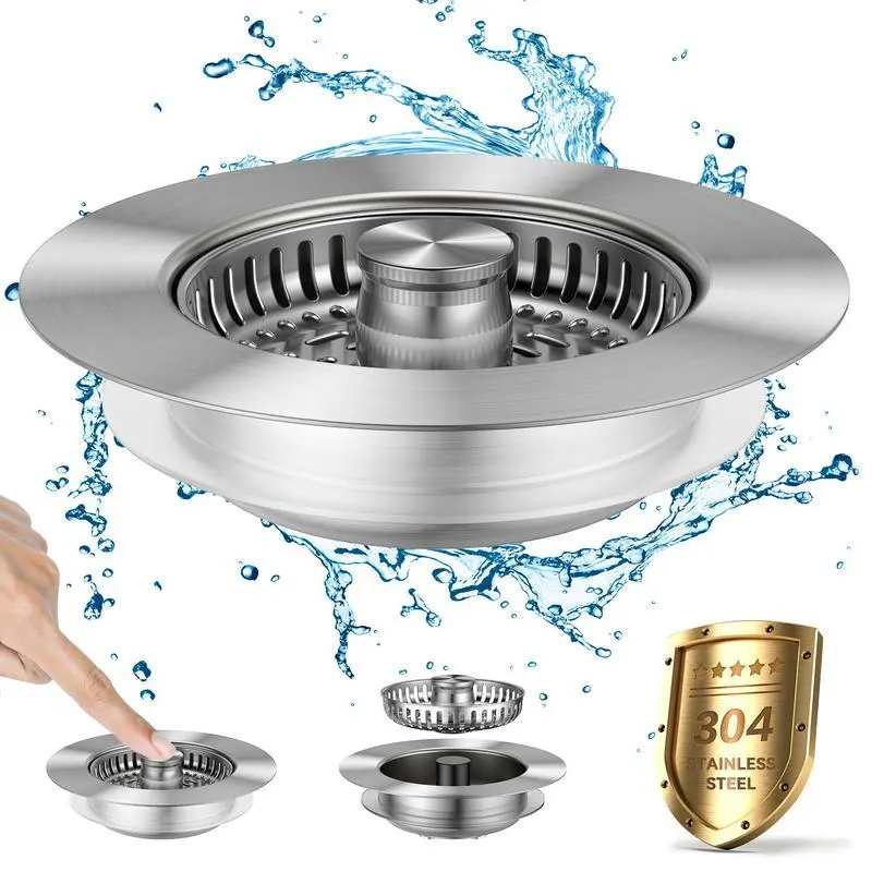 1 Pcs 3-in-1 Stainless Steel Nickel Kitchen Sink Strainer Stopper - Removable Deodorizing Anti-Clog Basket, Food Drain Protector, Sink Plug with Water Storage/Filtration, for 3-1/2 in US Standard Drains, Kitchen Fixture Accessory, Drain Strainer Kitchen F