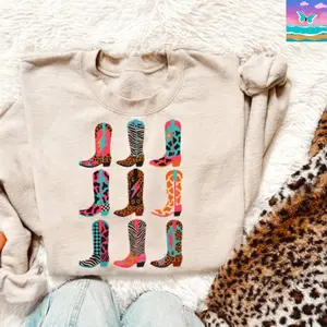 Mix print boot Crewneck & T-shirt, Western cowboy Graphic Hoodie, Trending western Graphic Hoodie, Western Boutique, Handmade, cowboy stuff, western sweatshirt, Outdoorsy gifts