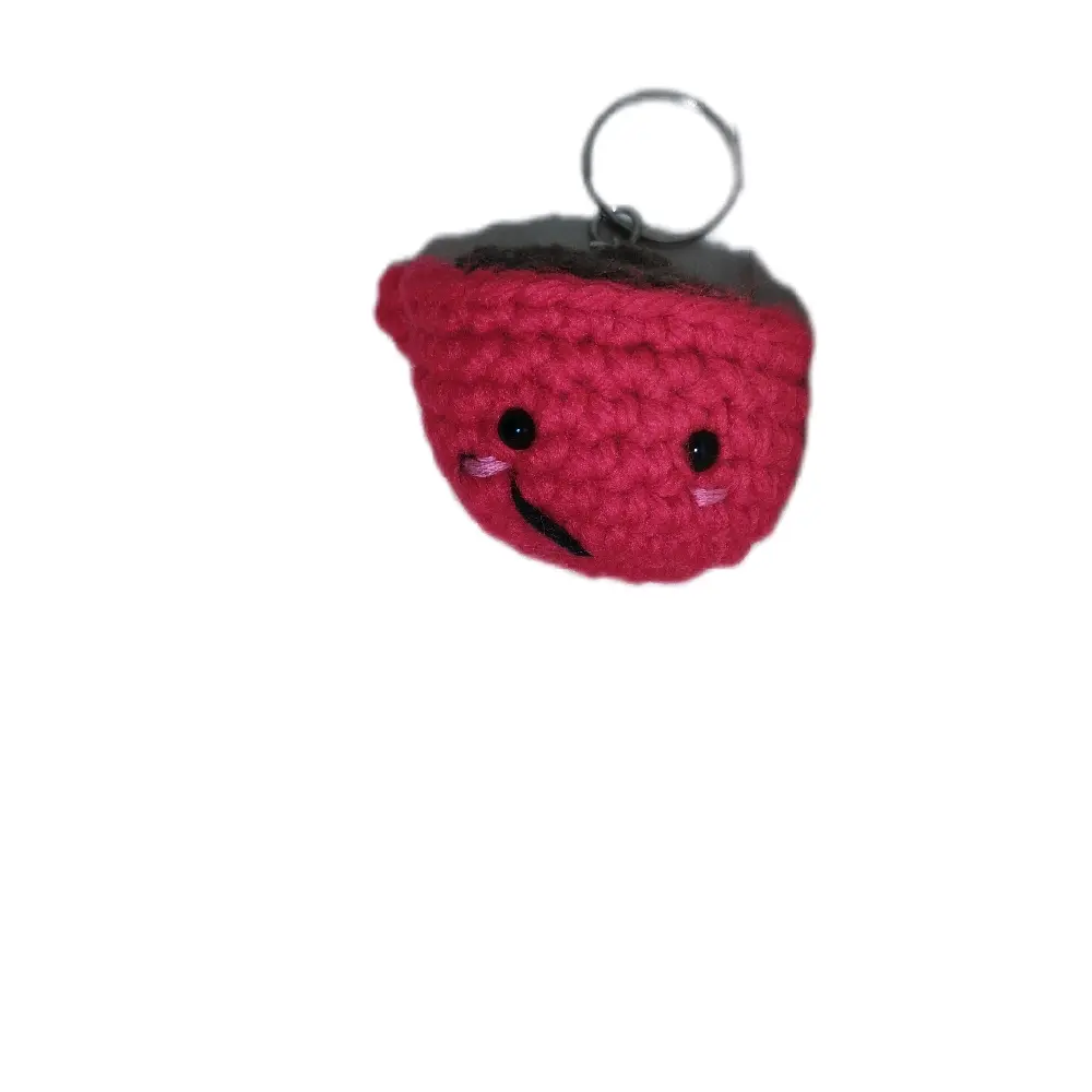 Hot Pink Coffee Cup Keychain Adorable Crochet Design with Cute Face and Key Ring Attachment for Fun Everyday Use