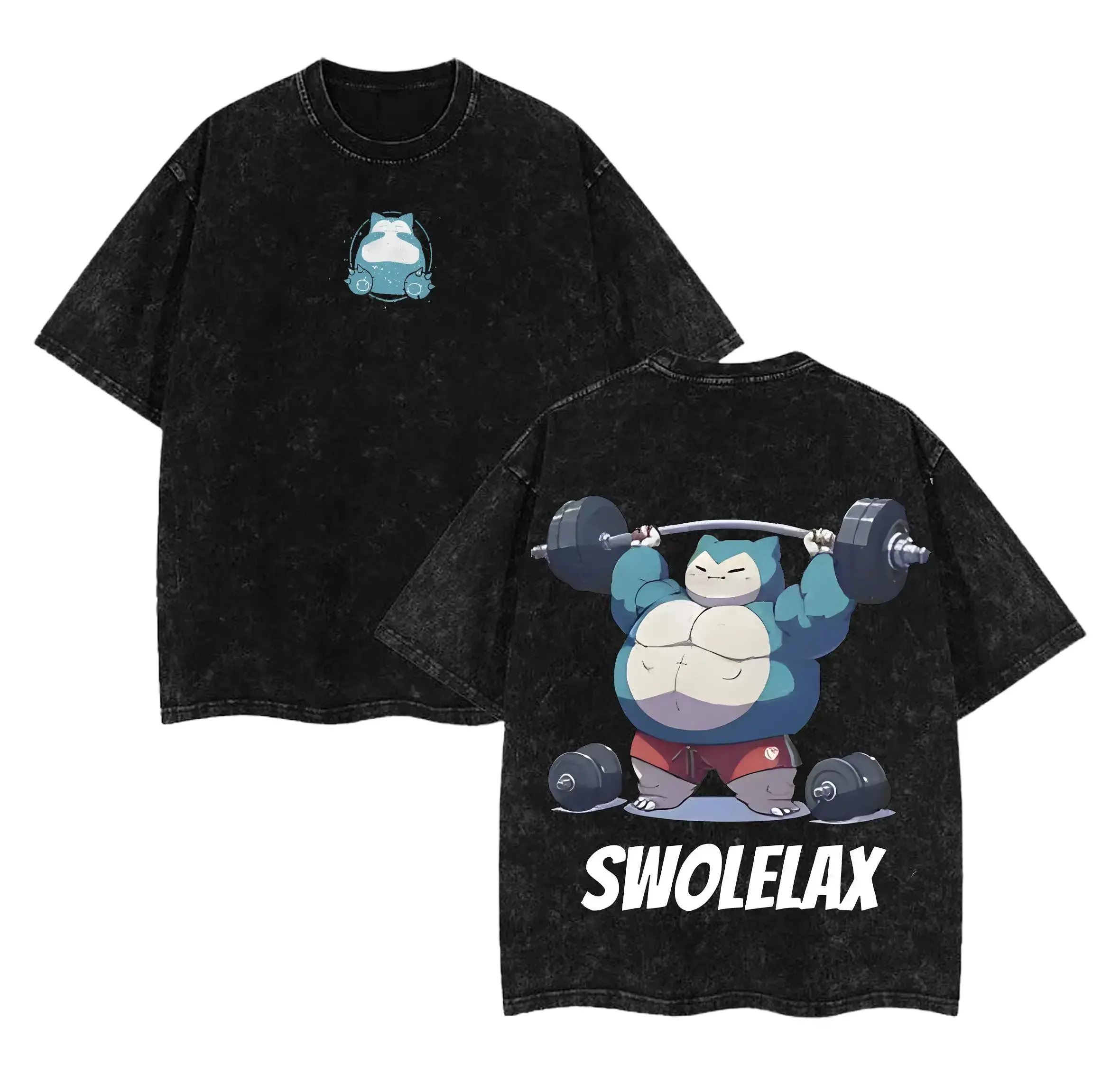 Men's Oversized Baggy Anime Snorlax Graphic T-Shirt - Heavyweight Vintage Washed Cotton Ribbed Classic Casual Tee, Funny Gym Workout Top, Anime Style Merchandise, Premium Cotton Fabric