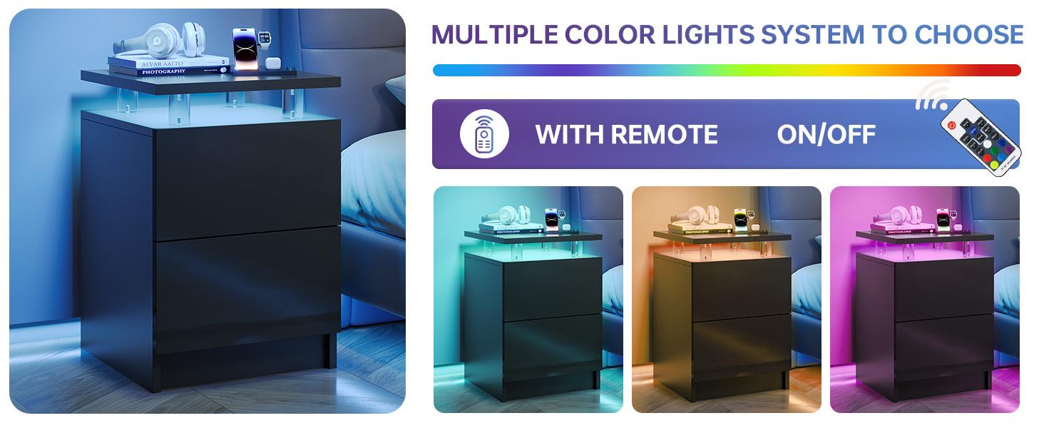 Oneinmil Nightstand Set of 2 with LED Lights Adjustable Lighting 2 Storage Drawers Modern Design Bedside Table for Bedroom 15IN Coffee Nursery