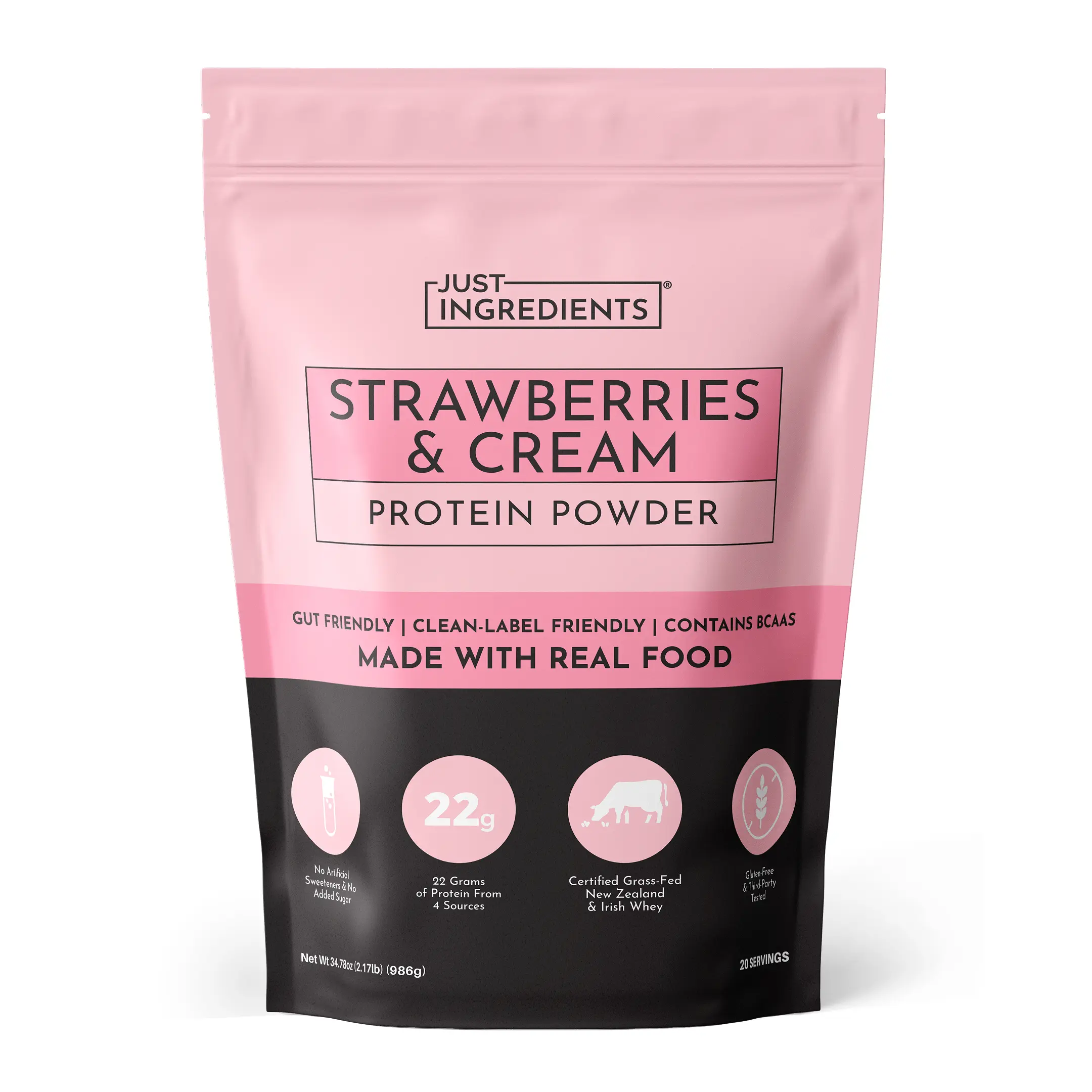 Just Ingredients Strawberries & Cream Protein Powder - 20 Serving Blend with 100% Grass-Fed Whey & Organic Plant Proteins – Real Strawberry Flavor – Supports Muscle Recovery, Energy*