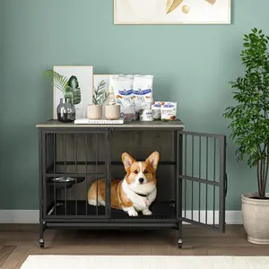 [Bellemave] Modern Kennel Dogs Room up to 60 LB, Dog Crate Furniture with Multi-Purpose Rremovable Ttray, Double-Door Dog House, Lift Panel, 360 Degree Rotation -3 Height Adjustable Feeding Bowls