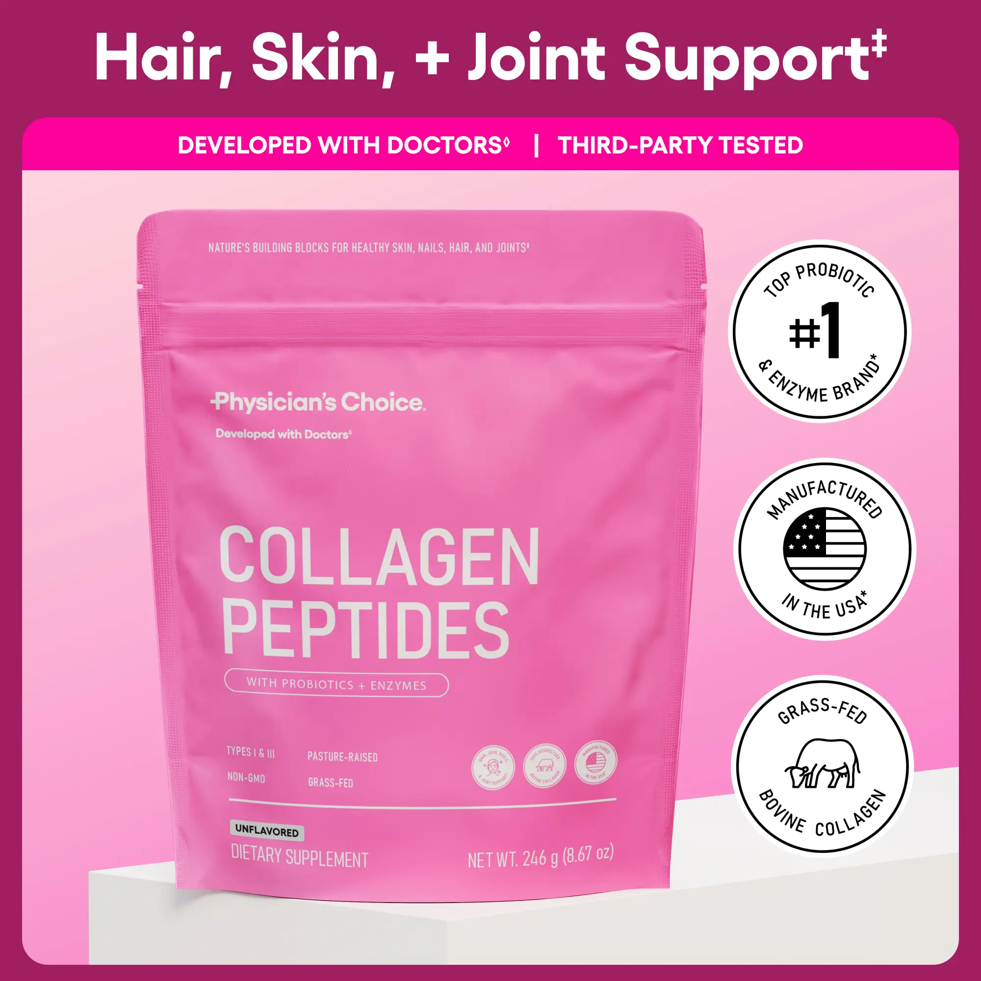 Physician's Choice Collagen Peptides Powder for Hair, Skin, Nails & Joint Support for Women - Hydrolyzed Grass-Fed + Non-GMO Protein - Unflavored
