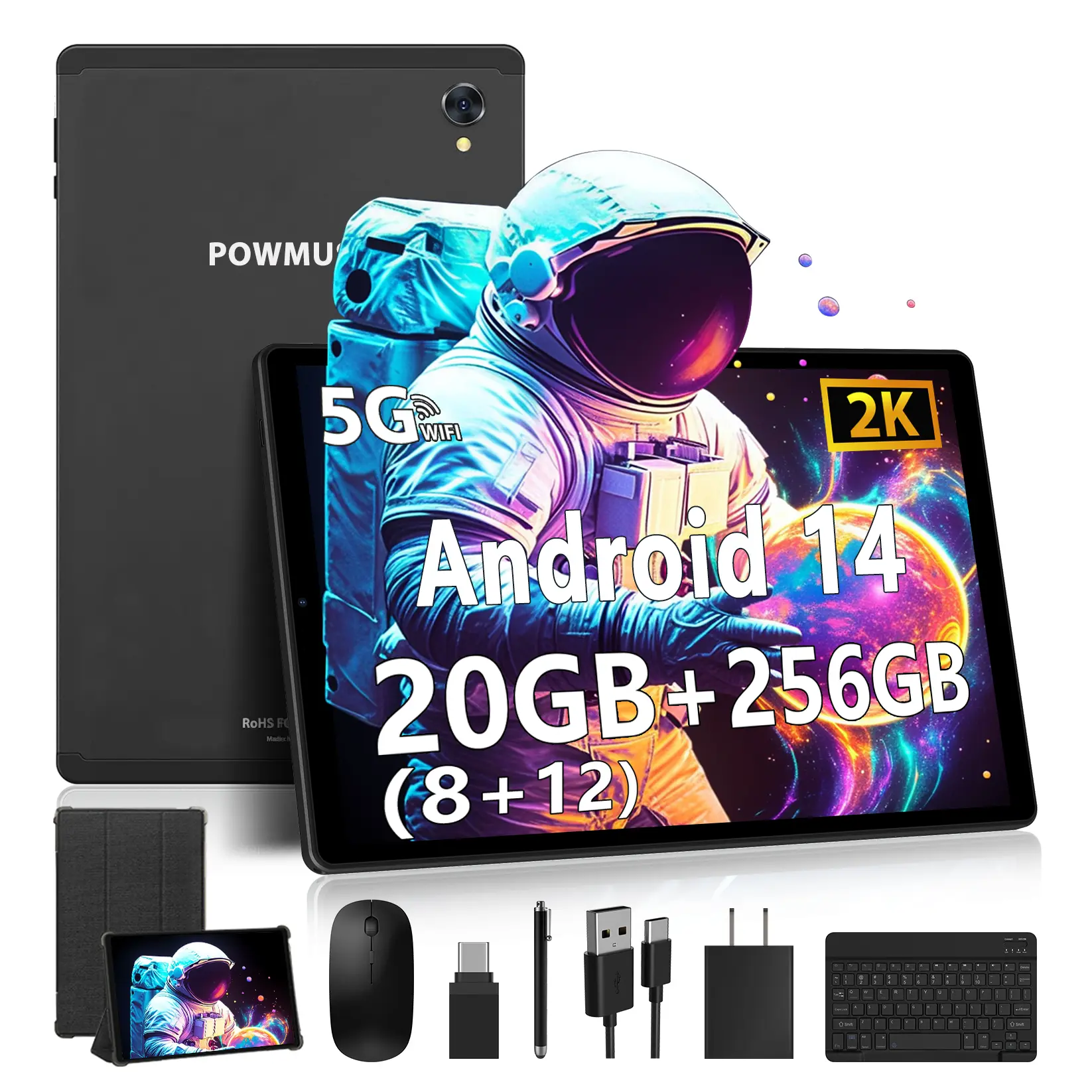 POWMUS Android 14 Tablet Bundle, 10.3-Inch 2K HD IPS Display, Octa-Core Processor, 256GB Storage (Up to 1TB Expandable), 8000mAh Battery, Dual-Band WiFi, Gaming Tablet with Keyboard, Mouse, Stylus & Protective Case, for Work, Study & Entertainment – Black