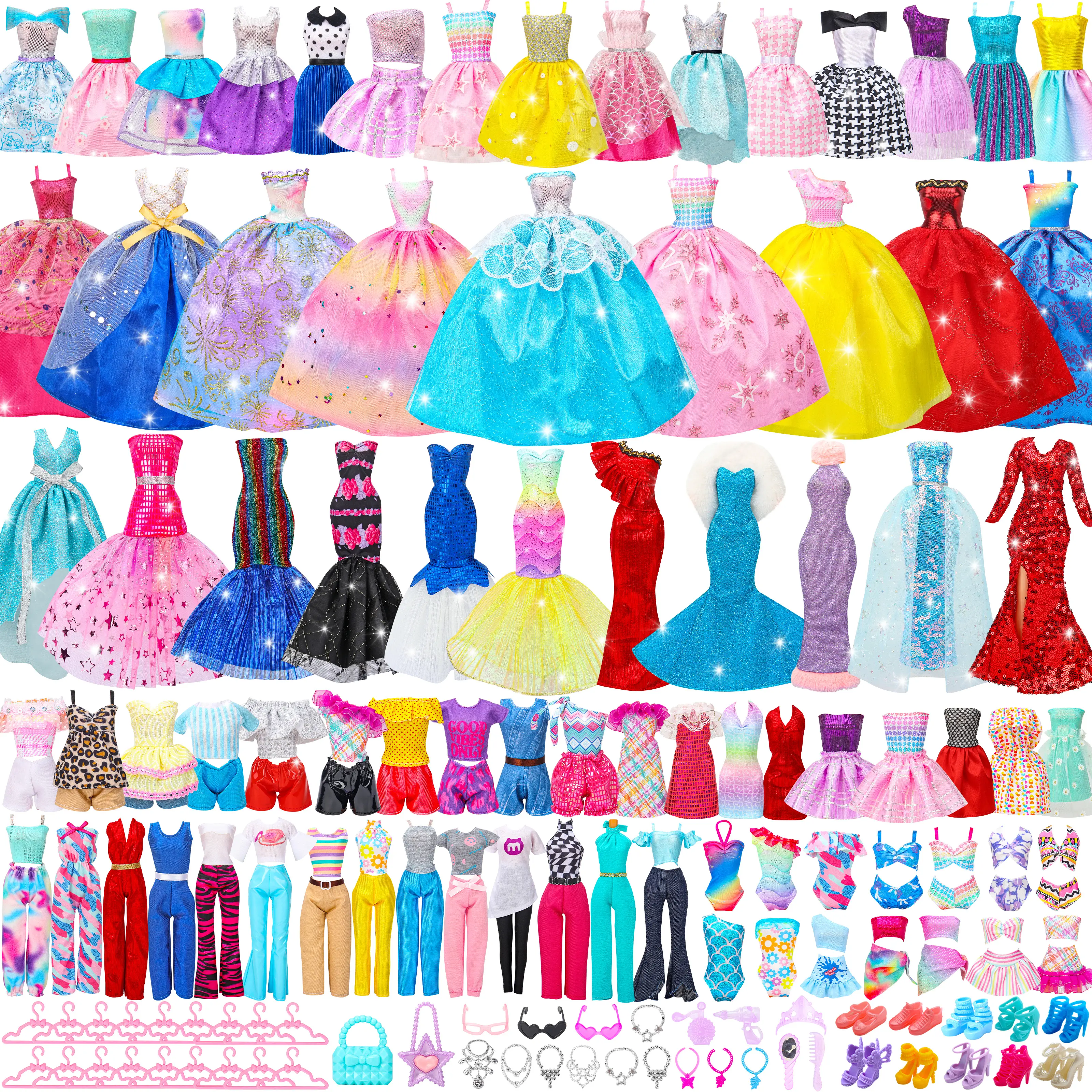 110 Pcs Stylish Doll Clothes and Accessories Set - Doll Clothes Shoes, 4 Wedding Gowns, 2 Evening Dresses, 8 Fashion Dresses, 6 Casual Outfit Sets (Top & Pant), 2 Swimsuits, 18 Hangers, 10 Shoes, 20 Toys for Girls Birthday Gift