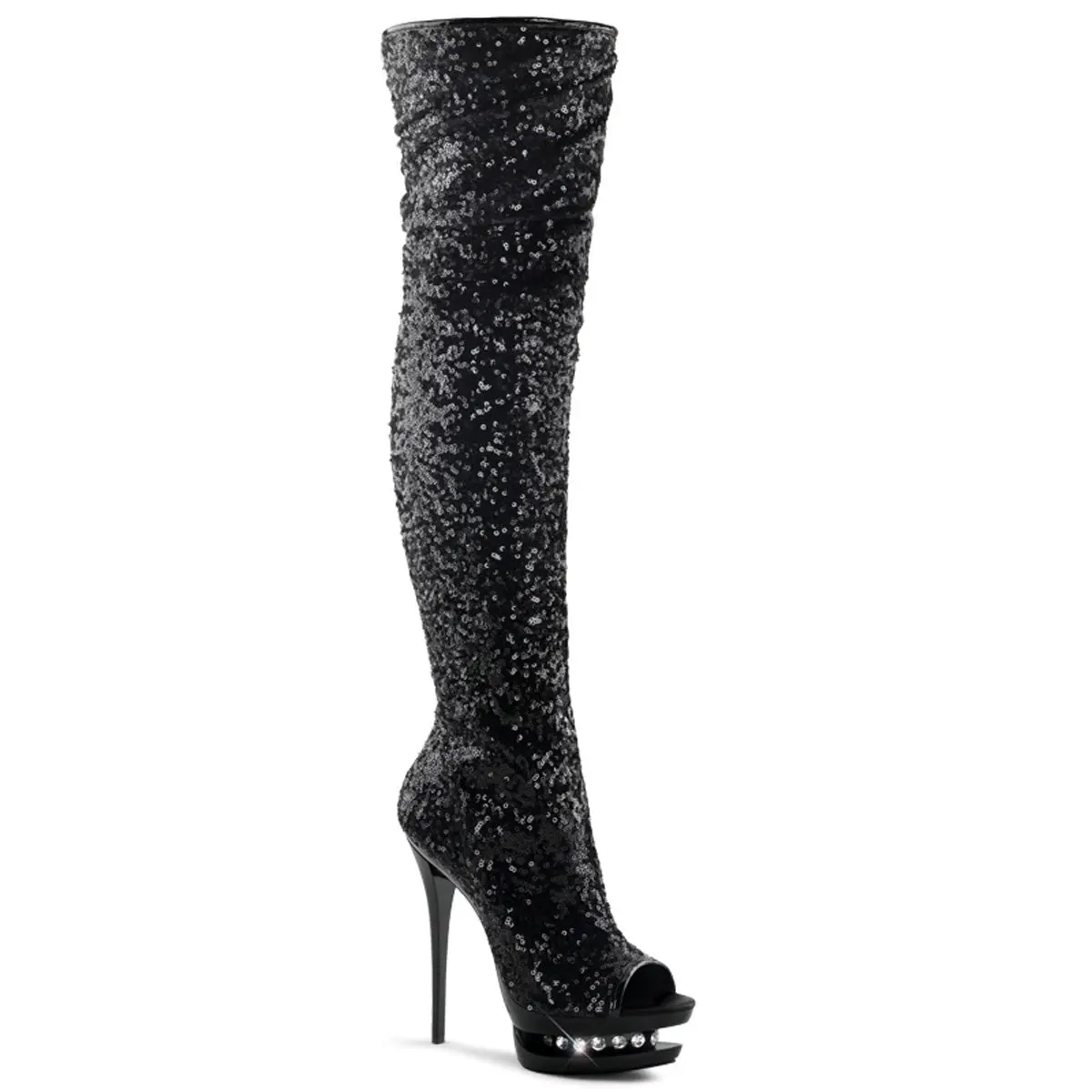Women's Thigh High Boots, Open Toe Stiletto with 6" Heel, Platform Sole, Rhinestone Embellishments and Side Zipper, Rhinestones