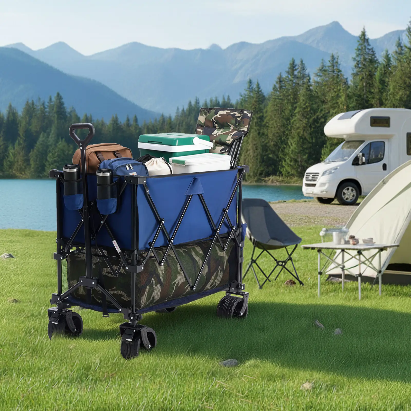 All-Terrain Hunting Game Cart, Large Capacity Folding Double Decker Wagon with Brakes, 440 lbs Capacity, Flexible Handle, Big Wheels for Camping, Sports