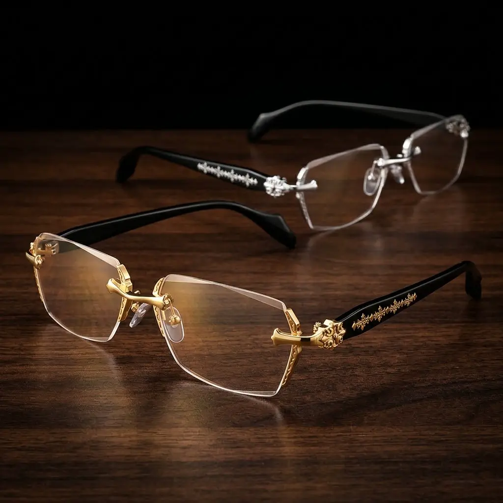 EUNOIALENS Rimless Eyeglasses - High-Quality Non-Prescription Casual Stylish Glasses with Diamond Cut Edges, Stainless Steel Fashion Temples, Unisex Men's/Women's Accessories for Daily Use, Summer Travel Essential