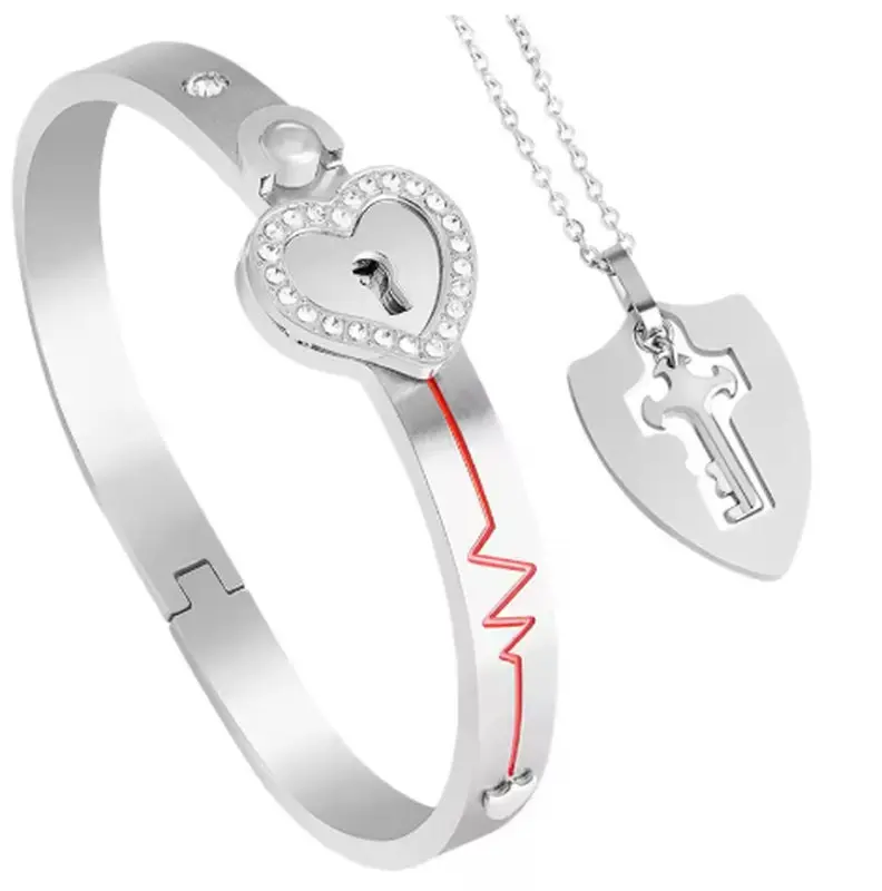 Unisex 2 Piece Set Pair, Romantic Couples' Necklace and Bracelet with a Rose Gold Hearts Lock and Silver Key Charm - Valentine's Gift, Two Piece Set