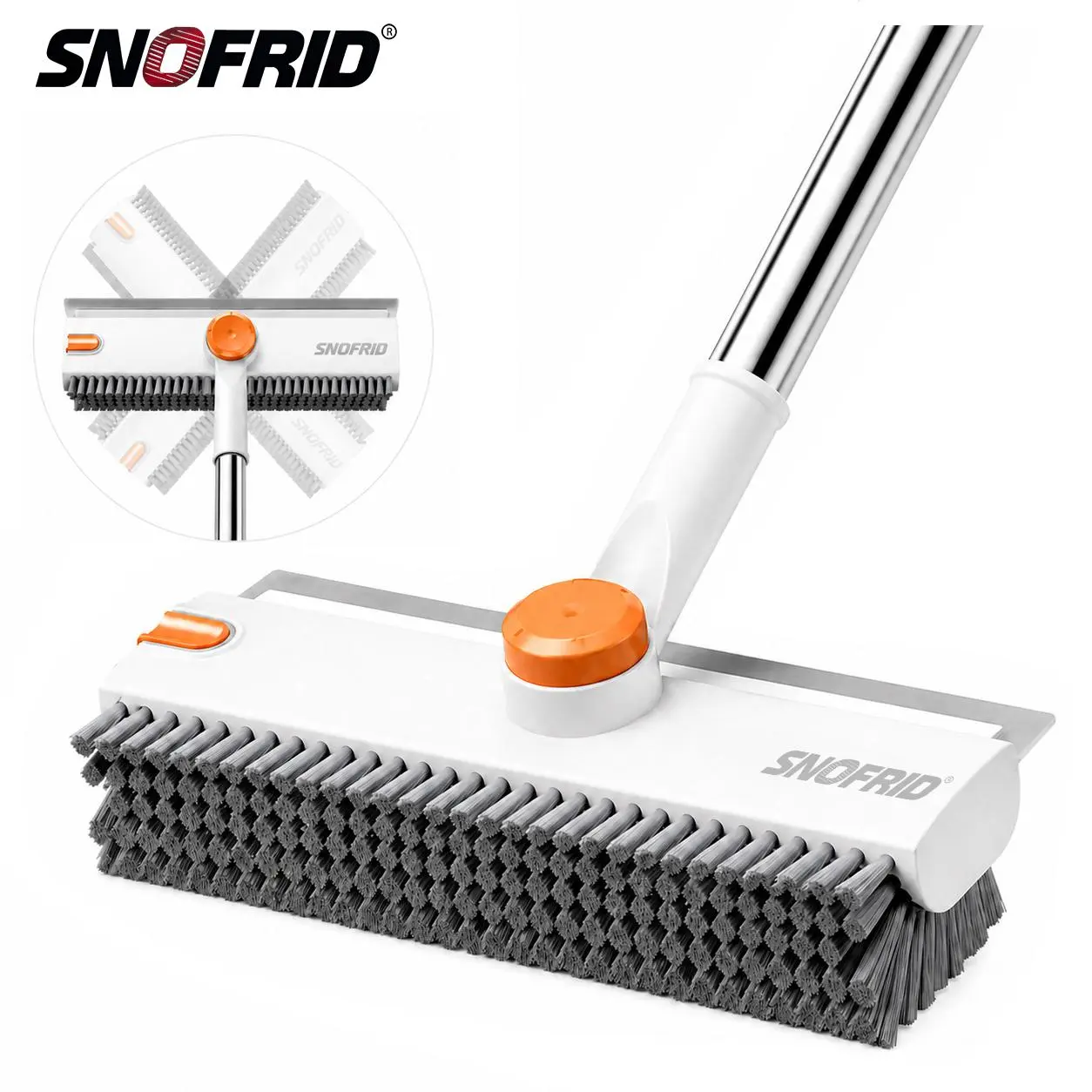 Snofrid Floor Scrub Brush, 3 in 1 Floor Scrub Brush with 54-in Adjustable Long Handle and Scraper Heavy Duty Stiff Bristle Floor Scrubber for Cleaning Shower Bathroom Kitchen Patio Garage Pool Wall and Deck, Orange&White