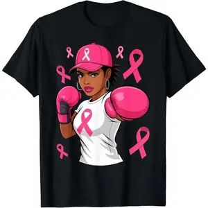 100% Cotton Unisex Women Black African American Fight Breast Cancer Pink Ribbon T-Shirt Top Vintage