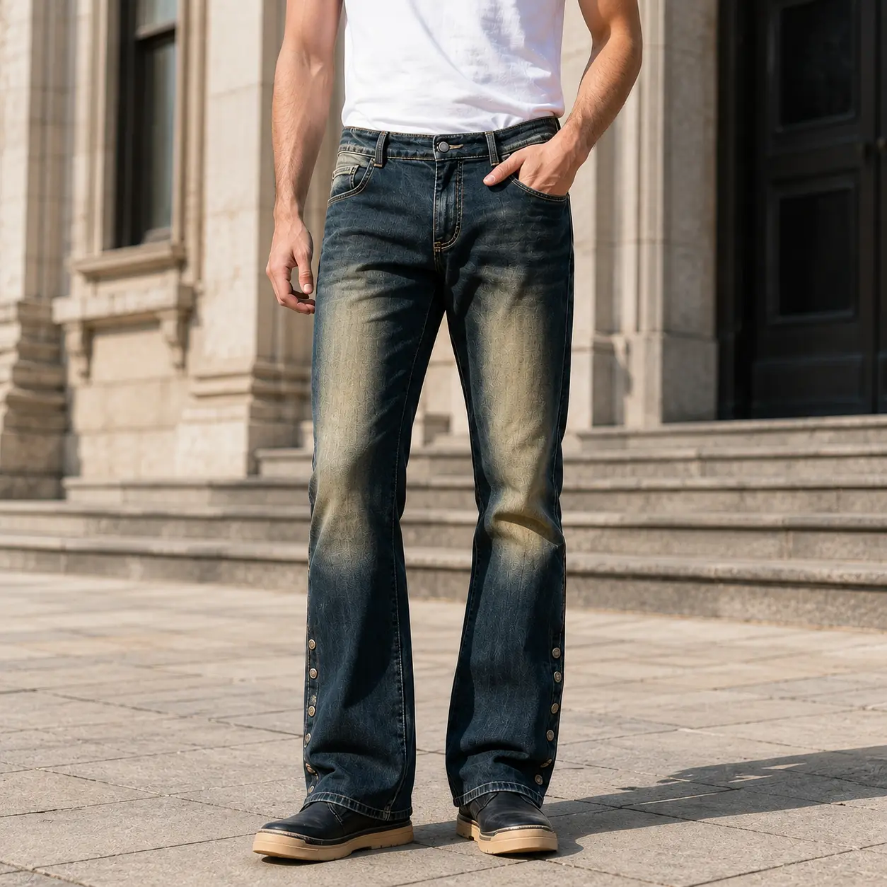 Men’s Vintage Washed Bootcut Jeans, Slim-Fit Flare Denim Pants with Side Snap Button Hem, Retro Western Streetwear Jeans for Casual Daily Wear