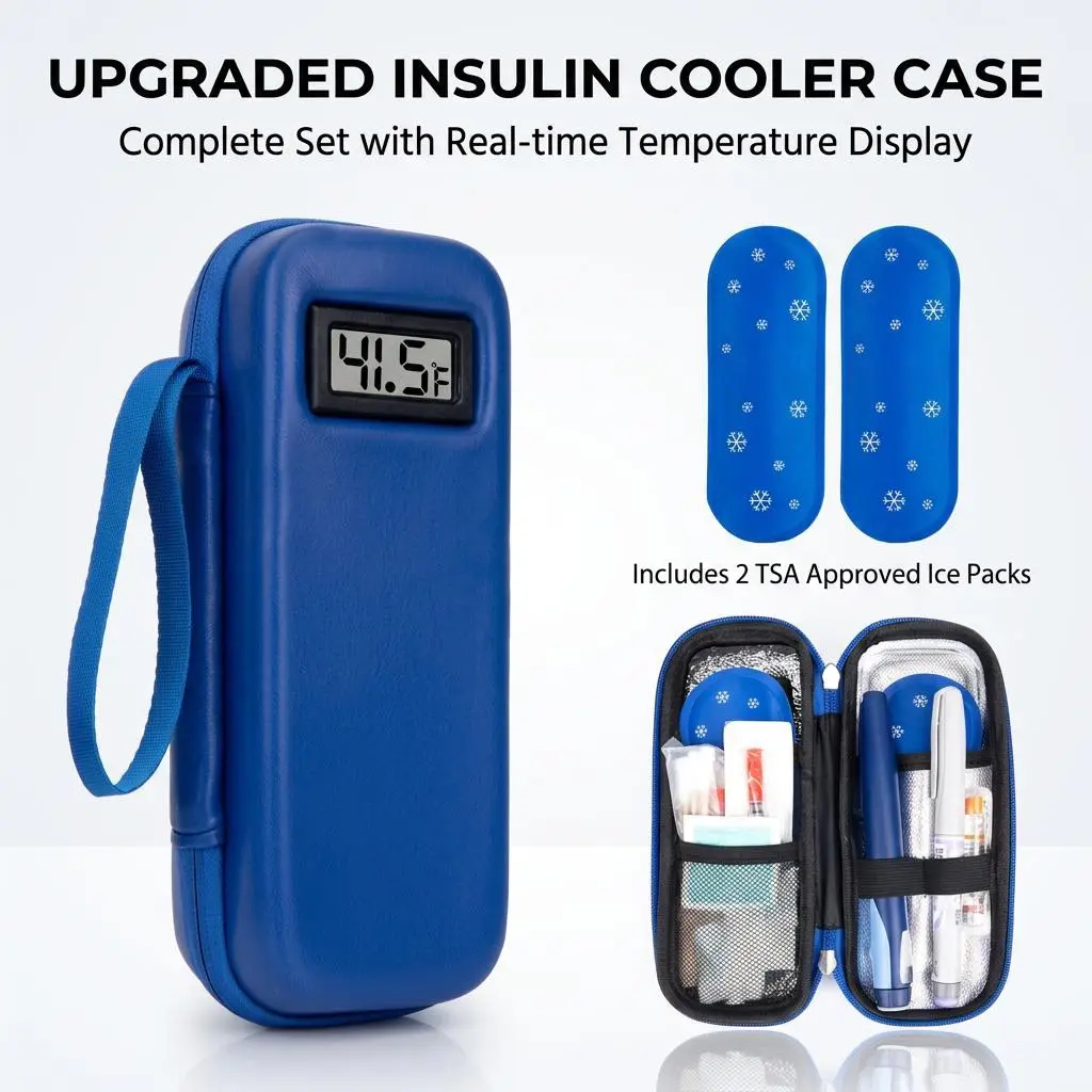 Portable Insulin Travel Cooler Bag - TSA Approved Compact Travel Cooler for Flying, Insulated Box with Real-Time Temp Display, 2 Gel Ice Packs, 270g (0.6 lb), 8.46 x 3.54 x 2.28 inches, Diabetic Pens & Medication Organizer for Commuting