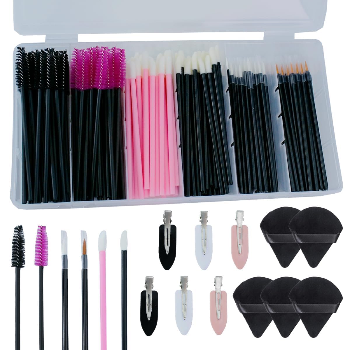 Summer Spring Gift  201pcs Disposable Makeup Applicators Kit with 80 Mascara wands 80 Disposable Lip Applicators 30 Eyelash liner Brushes 5 Triangle Makeup Puffs and 6 Bobby Pins for Makeup Artist Supplies