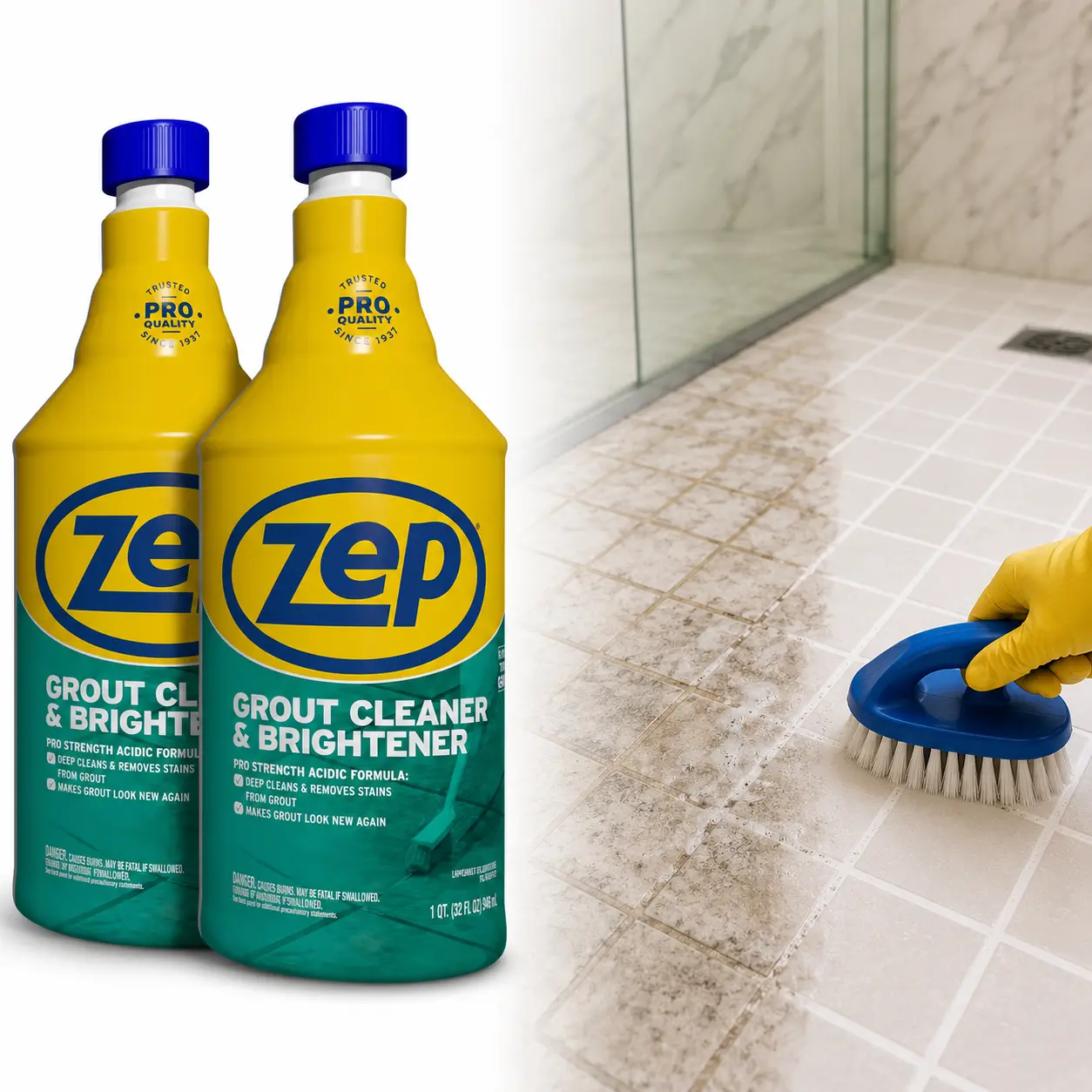 ZEP 32 oz Liquid Grout Cleaner and Brightener - Abrasive-Resistant, High Color Fastness Household Floor Cleaner, Home Cleaning Products for Bathroom & Kitchen Tiles, Quick-Acting, Easy Application, Stain & Dirt Lifter (Residential-Commercial Use)