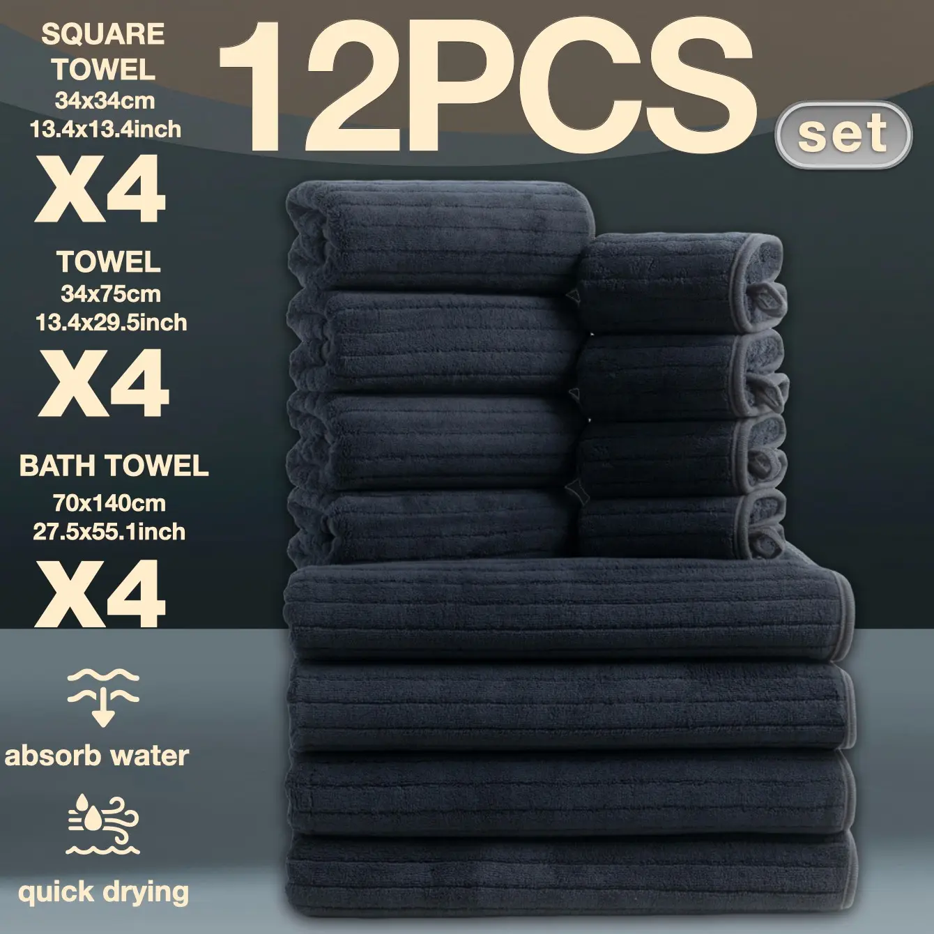 12-Piece Luxury Bathroom Set, High-Quality Ultra-Fine Fiber Towels, Quick Drying Towels, Quick-Dry, Soft, Durable, Hotel-Grade, Ideal for Home, School, Gym, Spa