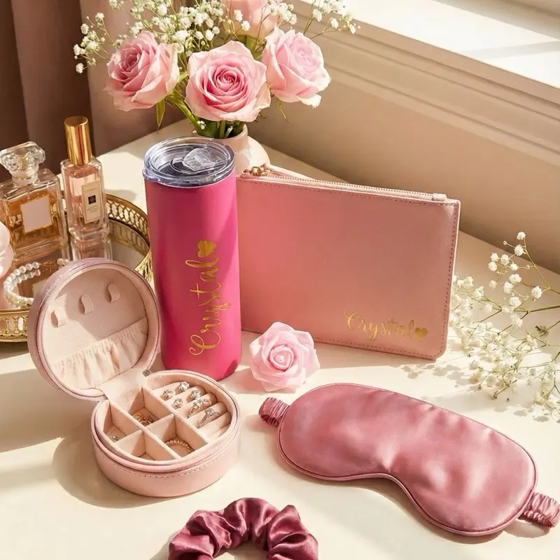 Taniri Luxury Personalized Pink Self Care Gift Box for Women, Ready to Gift Set with Cosmetic Pouch, Tumbler, Jewelry Box, Sleep Mask and Scrunchie, Birthday Bridesmaid Gift Basket, Care Package, Party Gift Packs