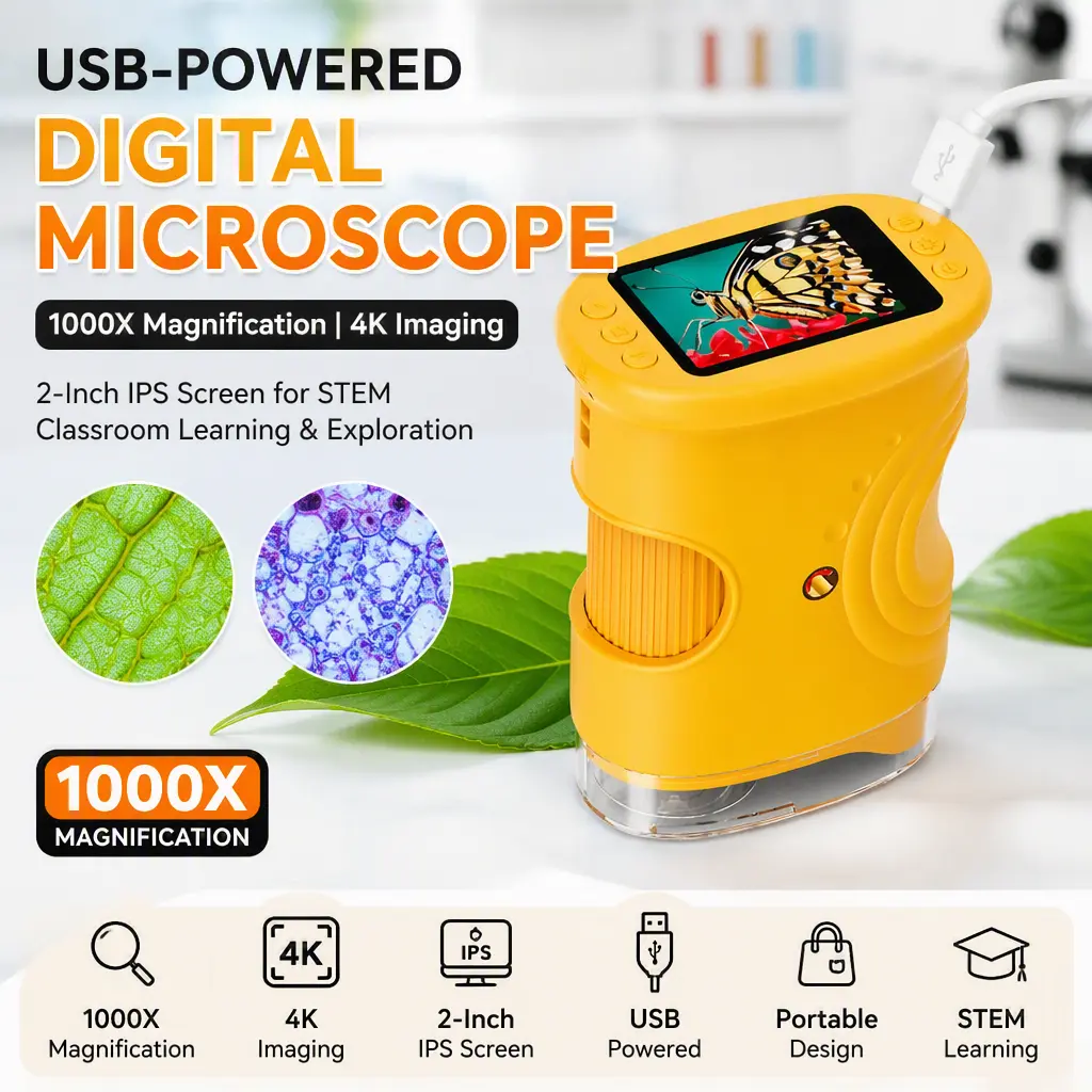 Portable STEM Exploration Microscope, 1000X Handheld Digital, 4K Imaging & 2‑Inch IPS Display, Great for Kids and Student Learning