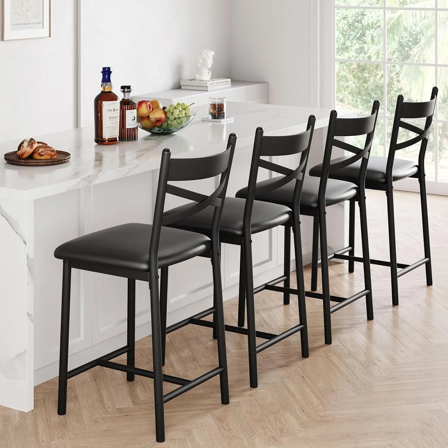 Black Indoor 4-Piece Chair Combo, 22.4 in Counter Height Bar Stools with X-Shaped Back, Thick PU Leather Waterproof Cushion, Ergonomic Design for Dining Room, Kitchen Home Decor, Indoor Furniture Chairs